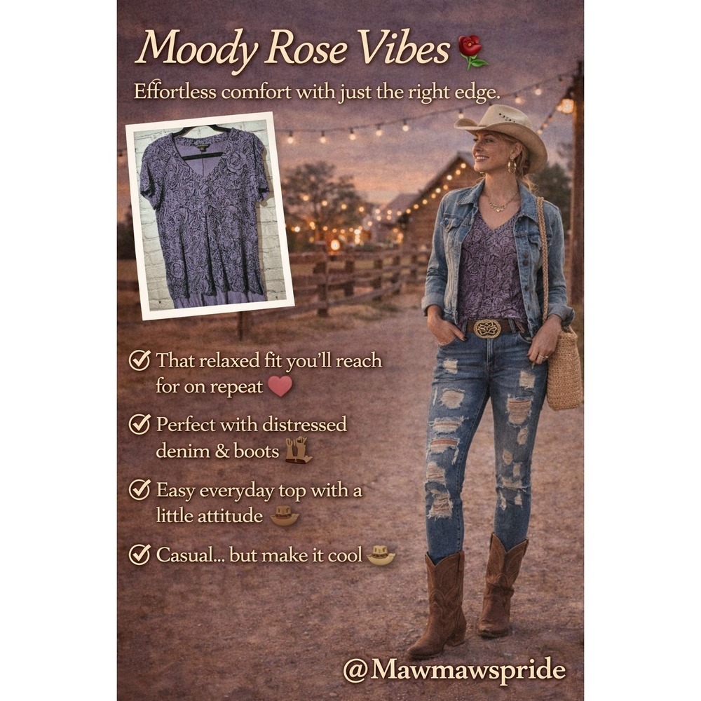 MOODY PURPLE ROSE VIBES Rock & Republic  Floral Relaxed Fit Tee  Size XS